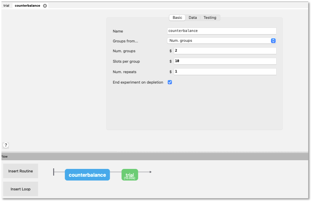 A screenshot of the counterbalance standalone routine once it has been inserted on the PsychoPy Builder flow. The "Basic" tab is open and it has the settings "Name" = counterbalance, "Num.groups" = 2, "Slots per group" = 10, "Num. repeats" = 1, "End experiment on depletion" = True (checkbox).