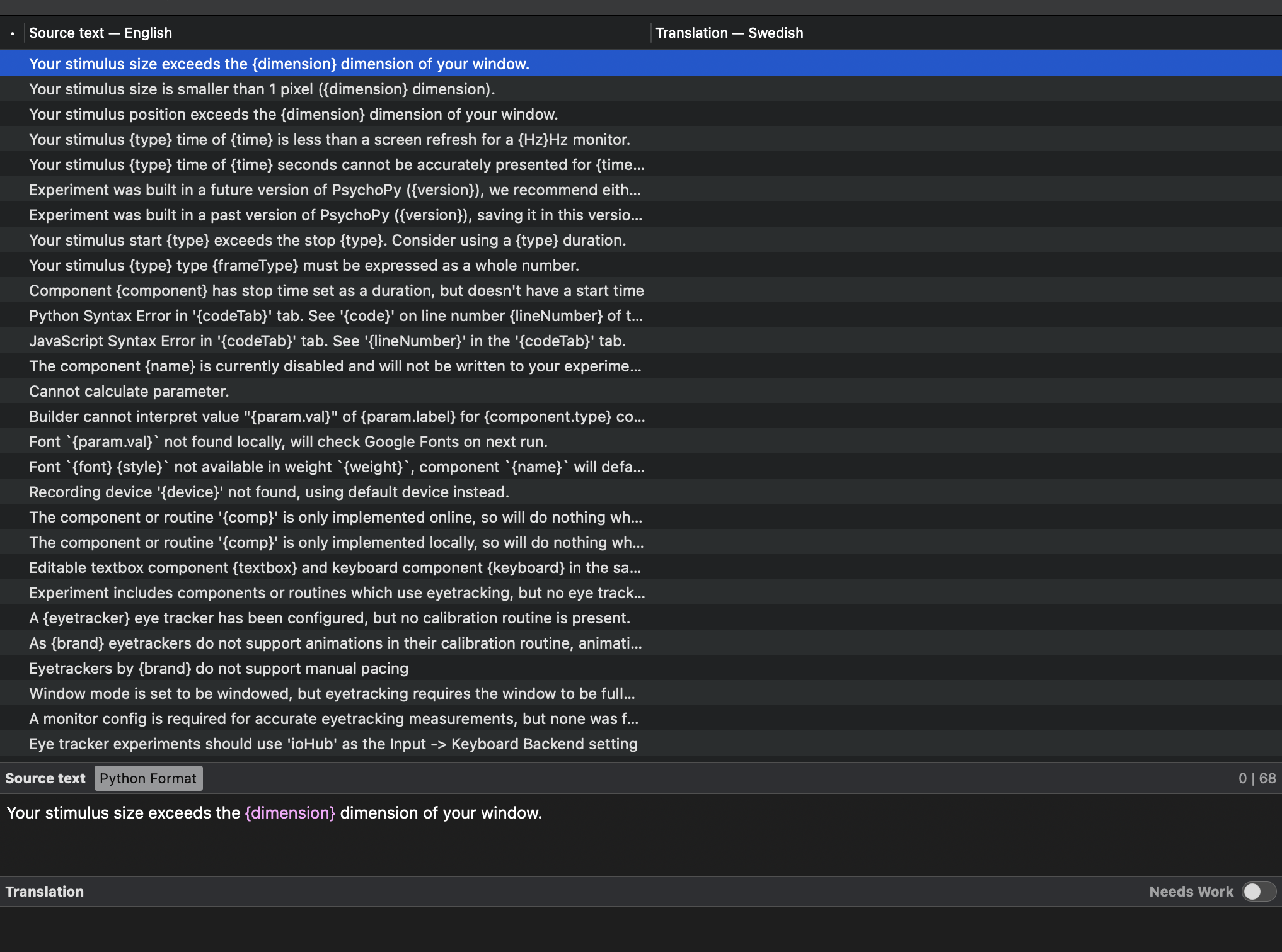 Screenshot of untranslated strings that appear after the user selects "translation" from the menu in Poedit, followed by selecting "update from source code." The example is from Swedish. The highlighted source text is "Your stimulus size exceeds the {dimension} of your window." The window on the right is blank since, as of the writing of this, no strings for Swedish had been translated.